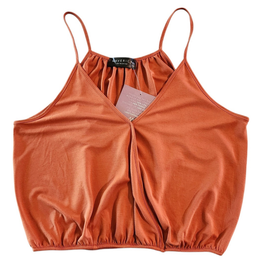 Maverick The Collection Burnt Orange Cropped V-neck Top Women's L NWT